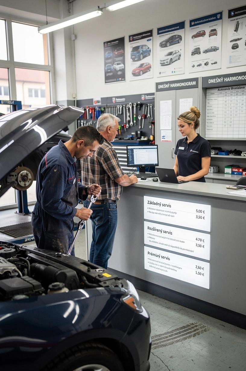 Mechanik kontroluje hladinu oleja a filtr v modernom autoservise so zdôraznením transparentnej ceny a online rezervácie údržby vozidla.
